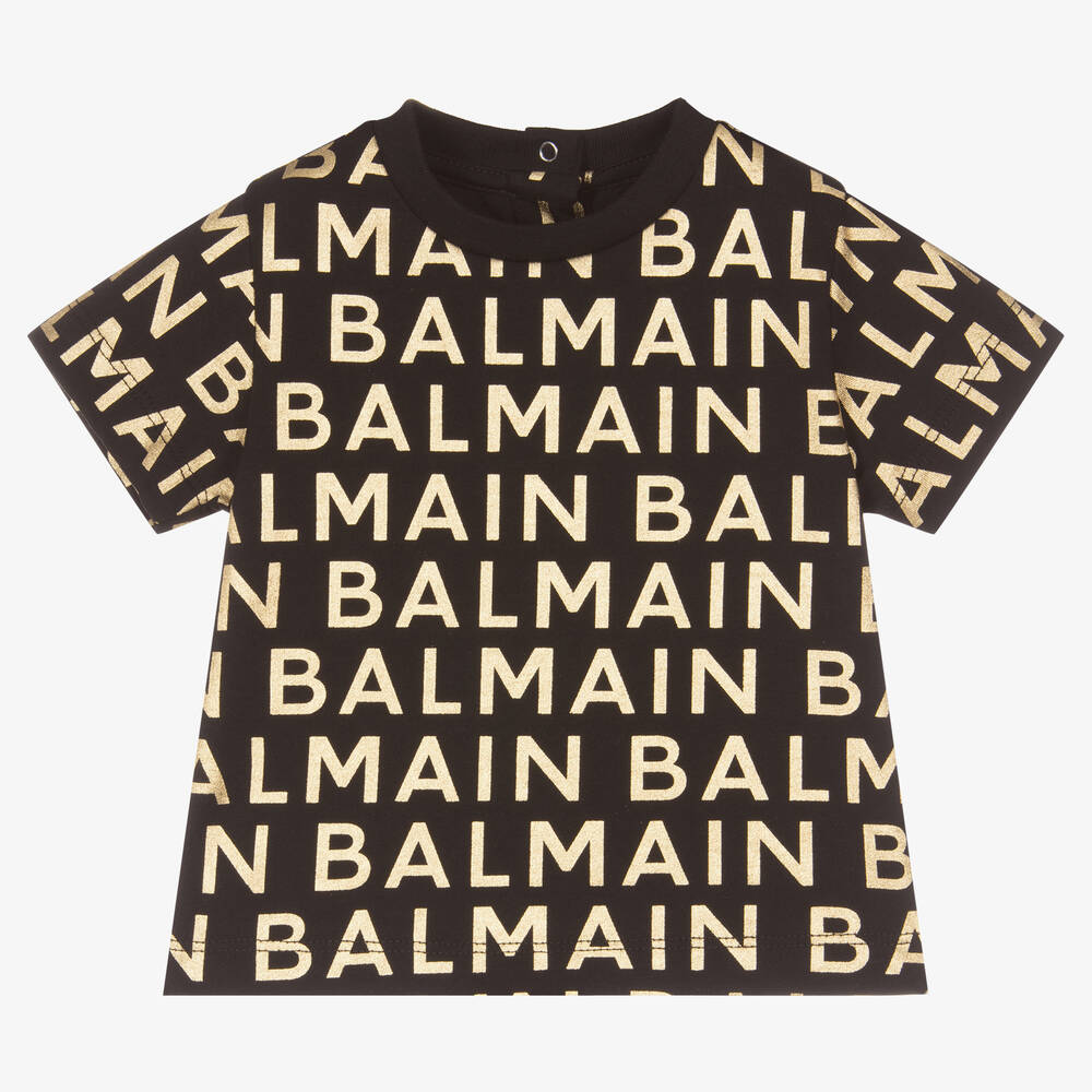 Balmain - Black & Metallic Gold Cotton Baby T-Shirt | Childrensalon