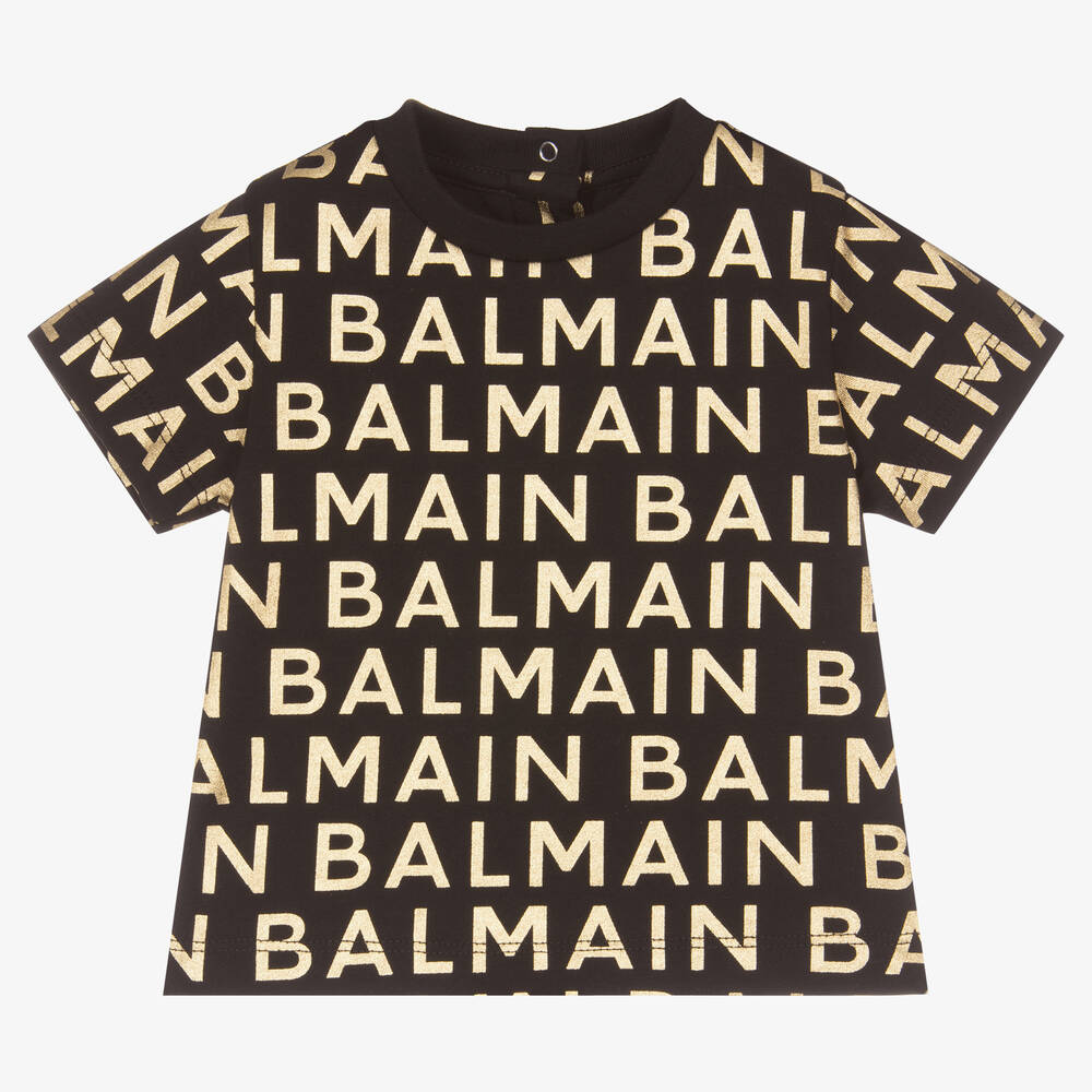 Balmain - تيشيرت قطن جيرسي لون أسود وذهبي متاليك | Childrensalon