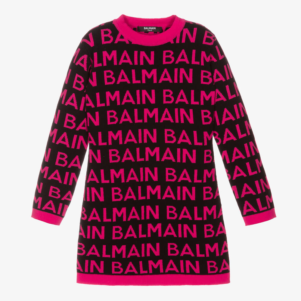 Balmain - فستان قطن محبوك لون زهري فيوشيا وأسود | Childrensalon