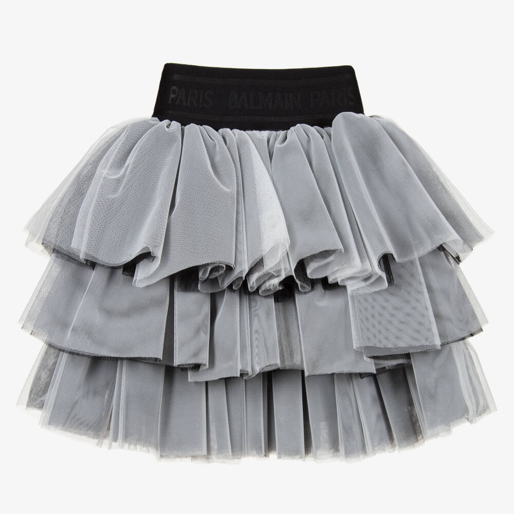 Balmain-Black & White Tulle Logo Skirt | Childrensalon Outlet
