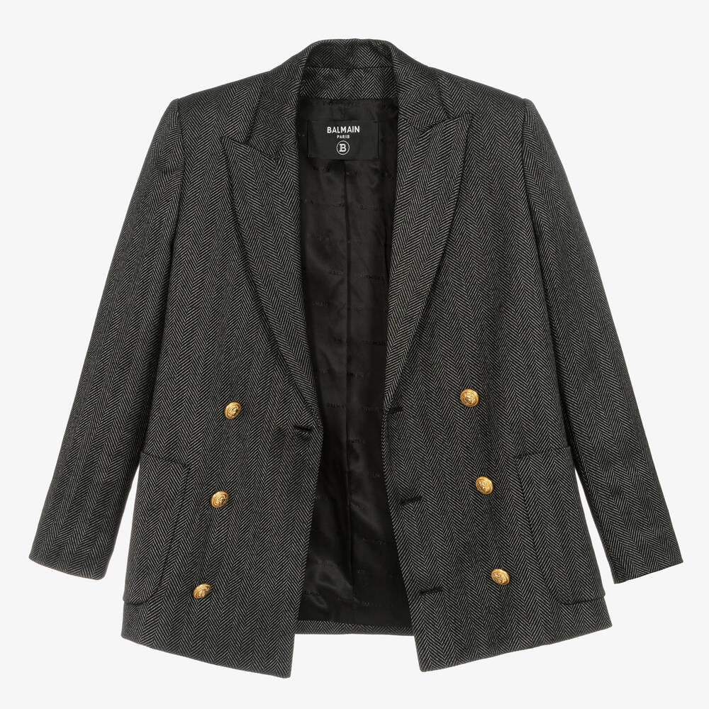 Balmain Boys Black Grey Wool Herringbone Blazer
