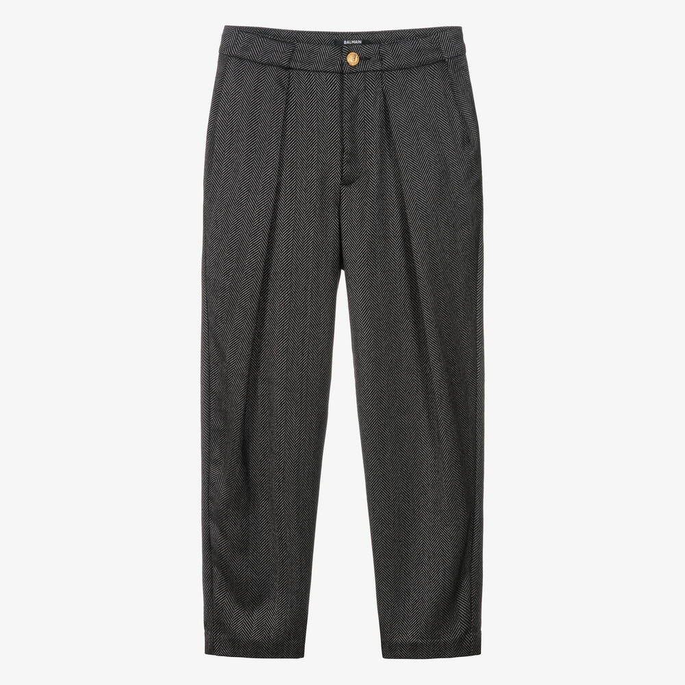 Balmain - Boys Black Herringbone Wool Trousers | Childrensalon