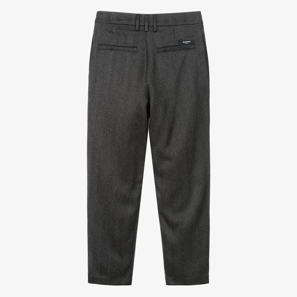 【送料&関税込】Balmain Herringbone Wool Pants Balmain - Boys Black Herringbone Wool Trousers