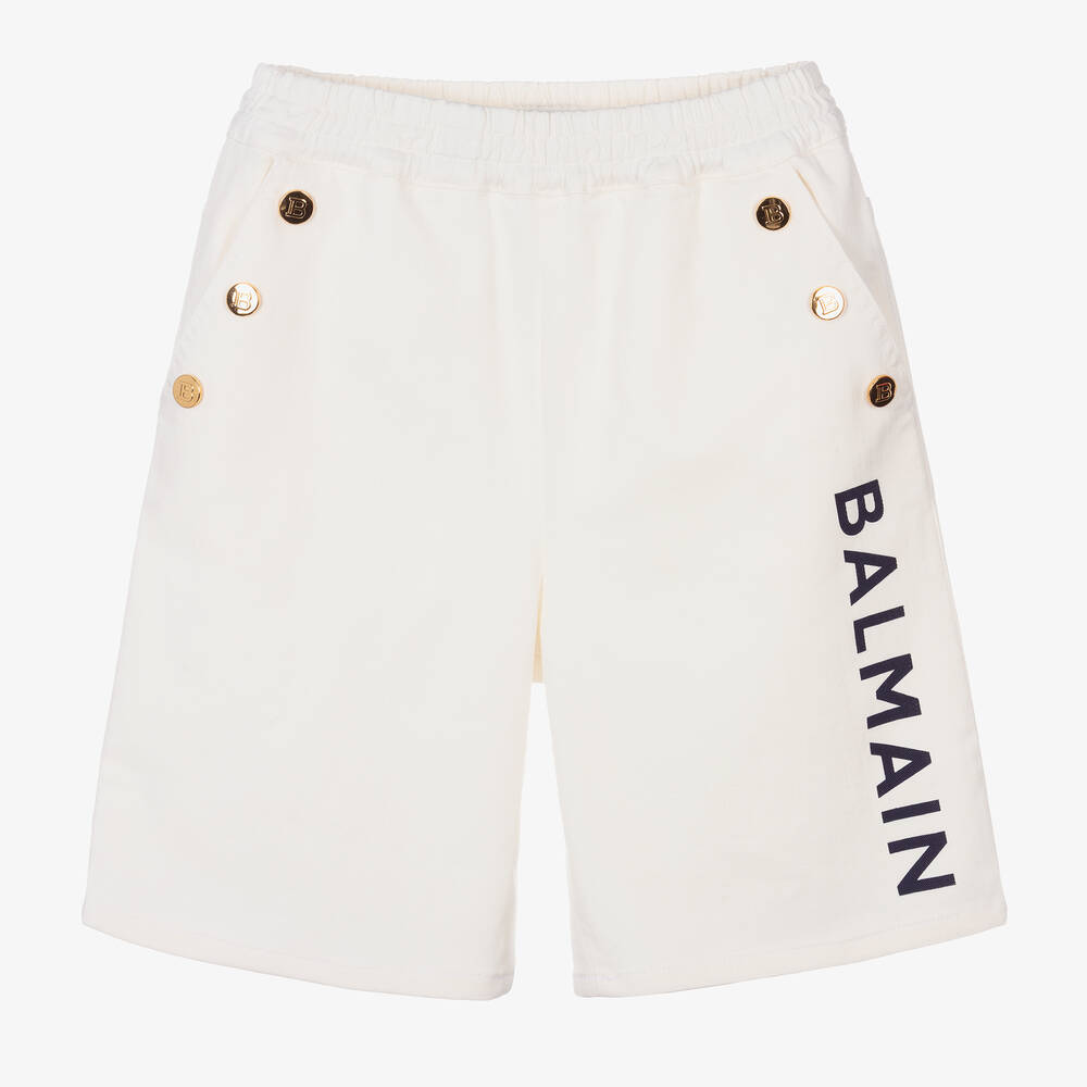 Balmain - Boys Ivory Cotton Twill Logo Shorts | Childrensalon
