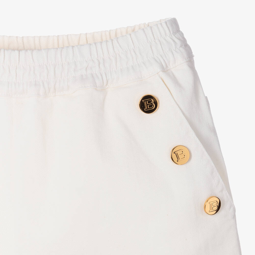 Balmain - Boys Ivory Cotton Twill Logo Shorts