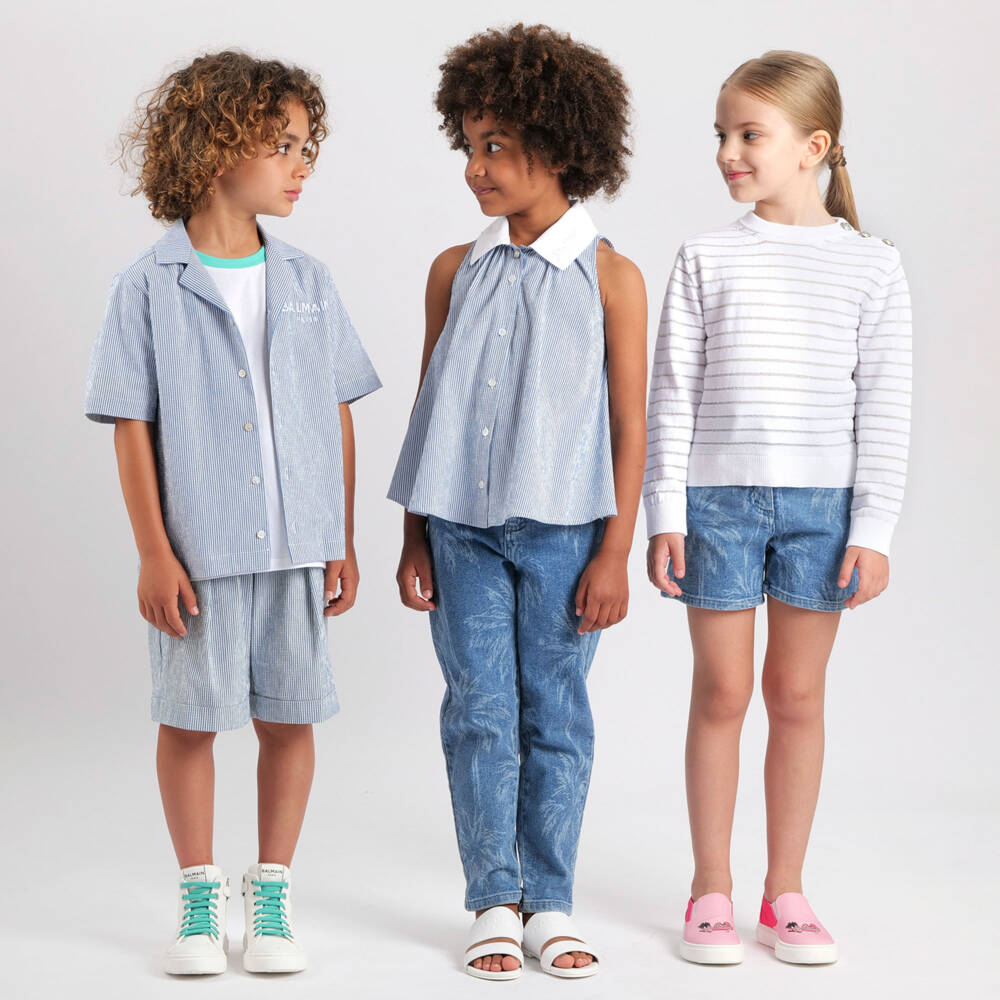 Balmain-شورت مخطط أزرق للأولاد من قماش سييرساكر | Childrensalon Outlet