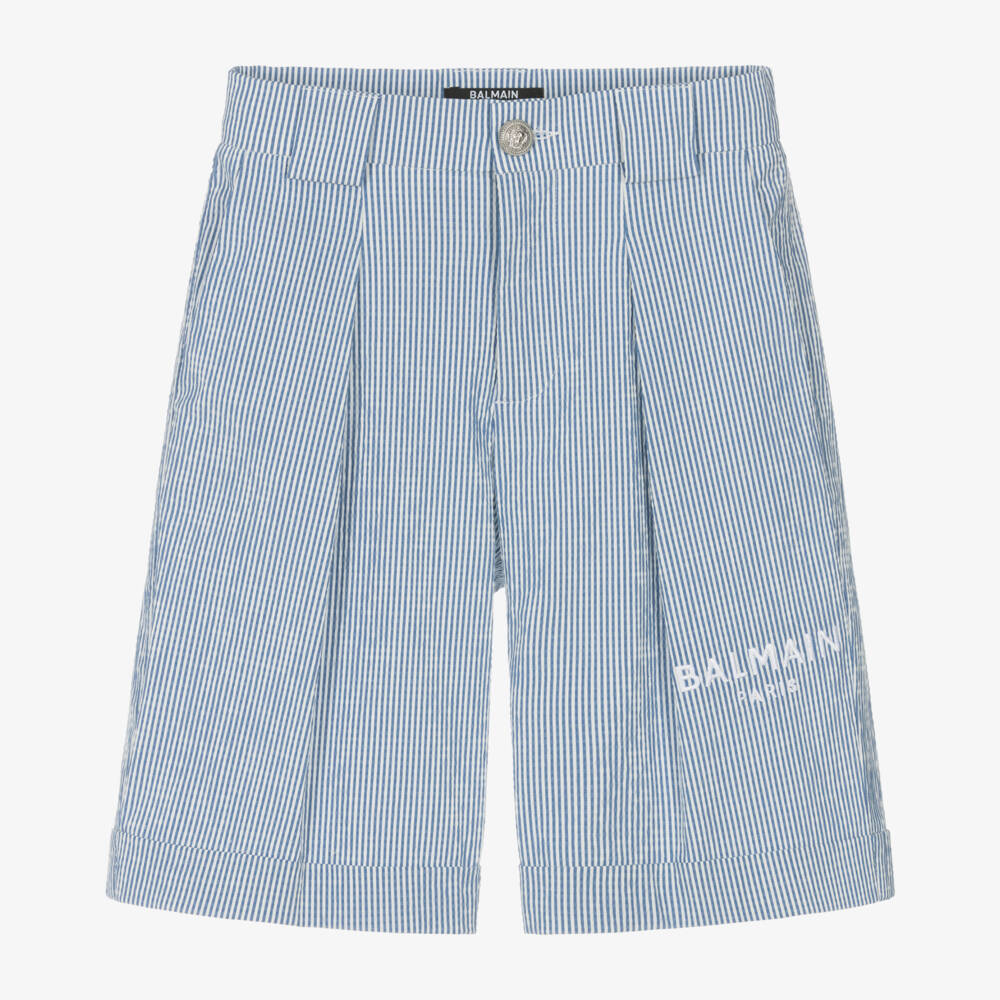 Balmain-Boys Seersucker Blue Striped Shorts | Childrensalon Outlet