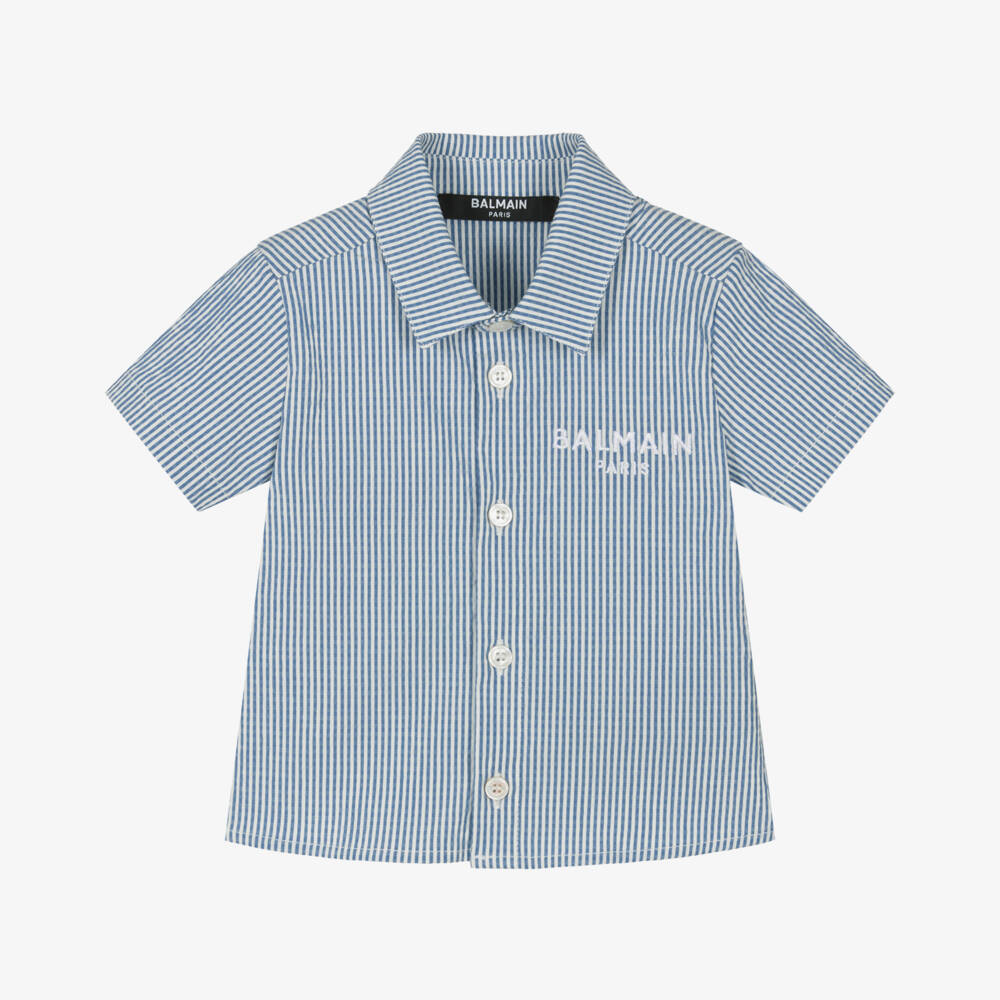 Balmain-Boys Seersucker Blue Striped Top | Childrensalon Outlet