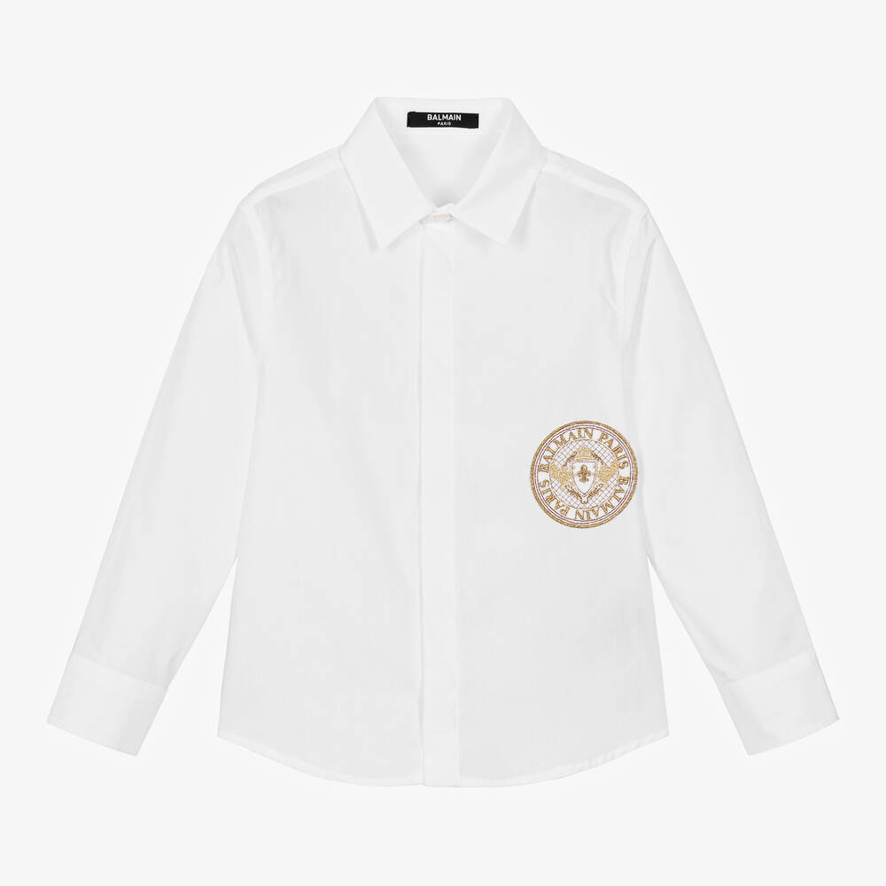 Balmain - قميص قطن بوبلين لون أبيض للأولاد | Childrensalon