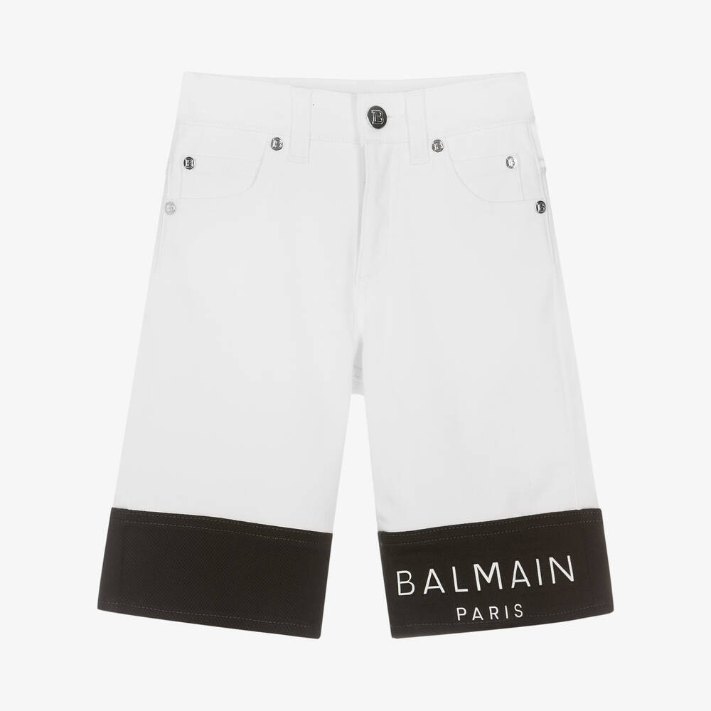 Balmain - Boys White Denim Logo Shorts | Childrensalon