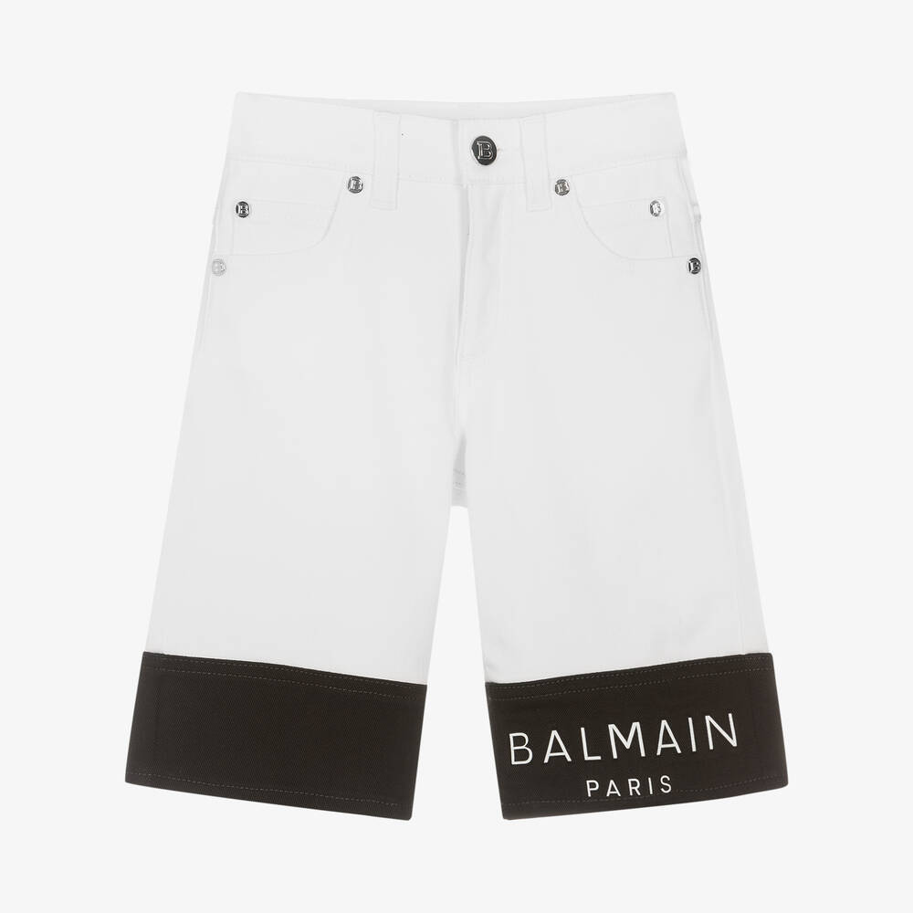 Balmain - شورت قطن دنيم لون أبيض للأولاد | Childrensalon