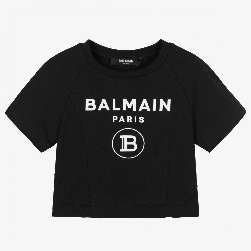 Balmain - Cropped Black Logo T-Shirt | Childrensalon