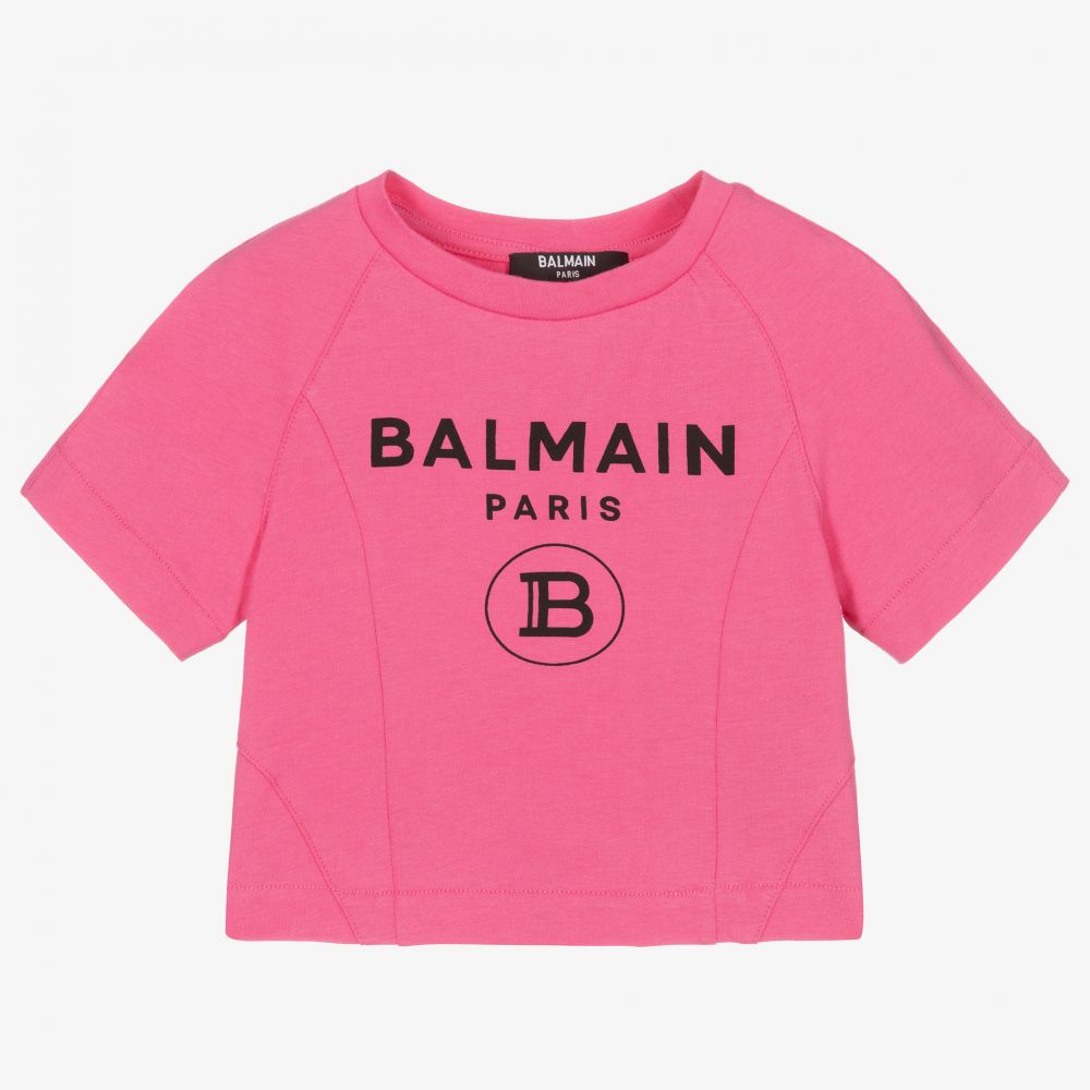 Balmain - Cropped Pink Logo T-Shirt | Childrensalon