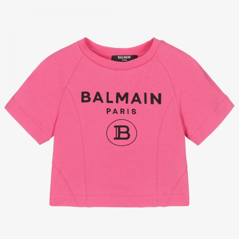 Balmain-Cropped Pink Logo T-Shirt | Childrensalon Outlet