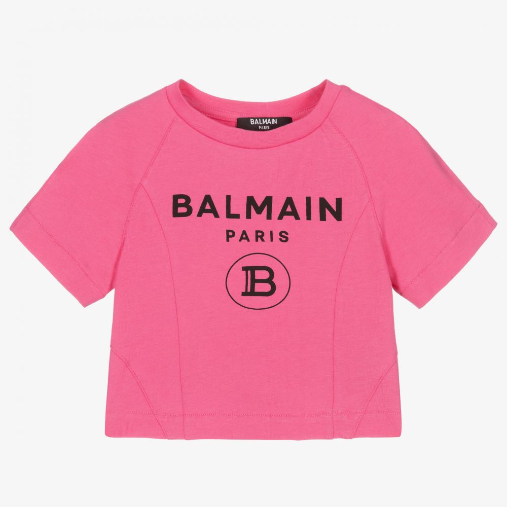 Balmain - تيشيرت قصير جيرسي لون زهري للبنات | Childrensalon