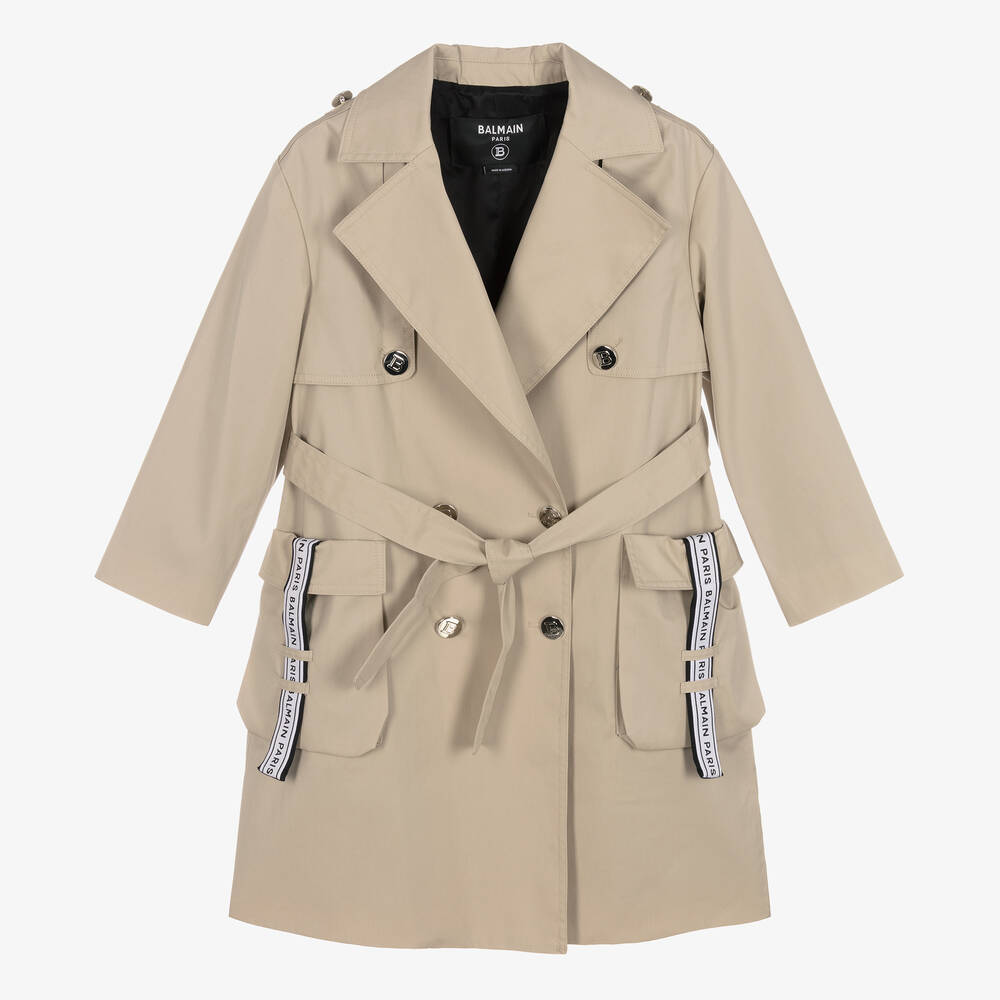 Balmain - Girls Beige Logo Trench Coat | Childrensalon