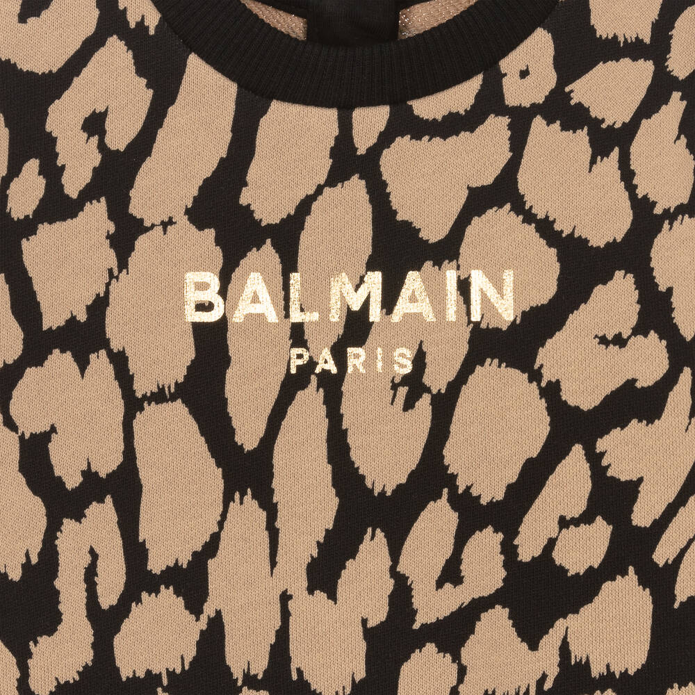 Balmain-Girls Black & Beige Cotton Leopard Dress | Childrensalon Outlet
