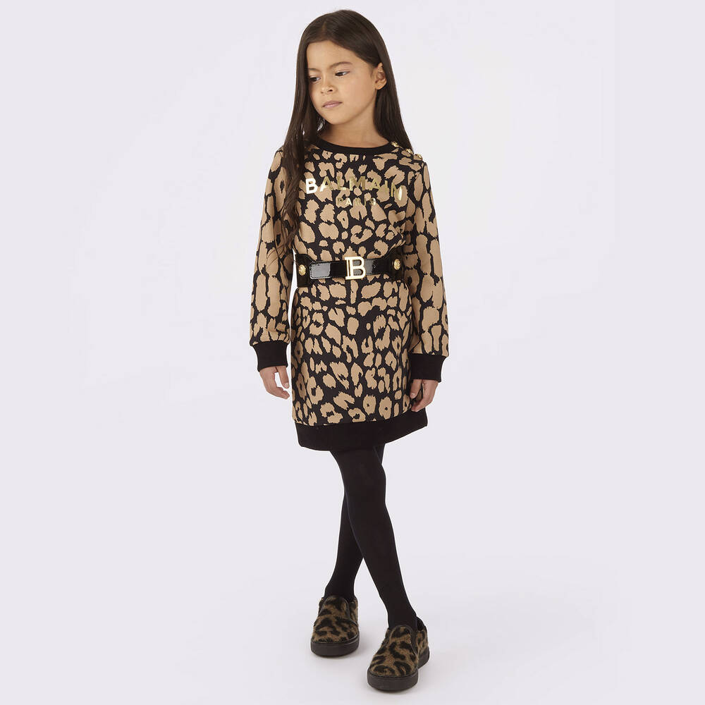 Balmain Girls Black Beige Cotton Leopard Dress Childrensalon
