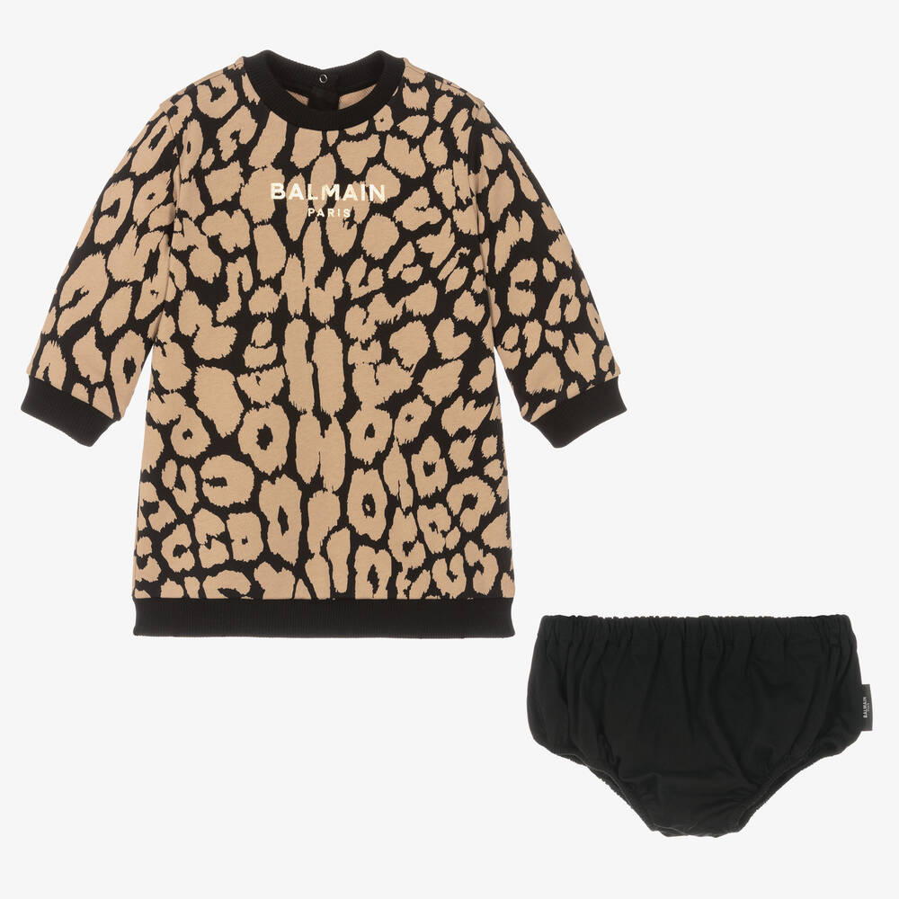 Balmain-Girls Black & Beige Cotton Leopard Dress | Childrensalon Outlet