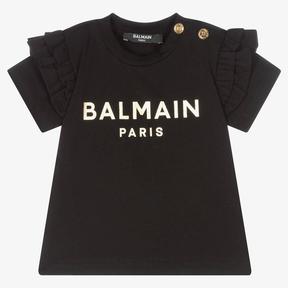 Balmain - Girls Black Cotton T-Shirt | Childrensalon