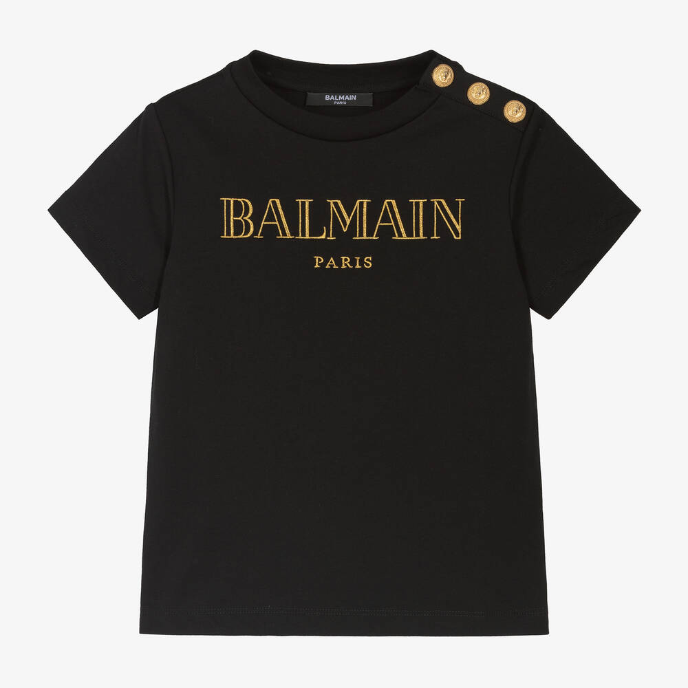 Balmain-Girls Black Cotton T-Shirt | Childrensalon Outlet