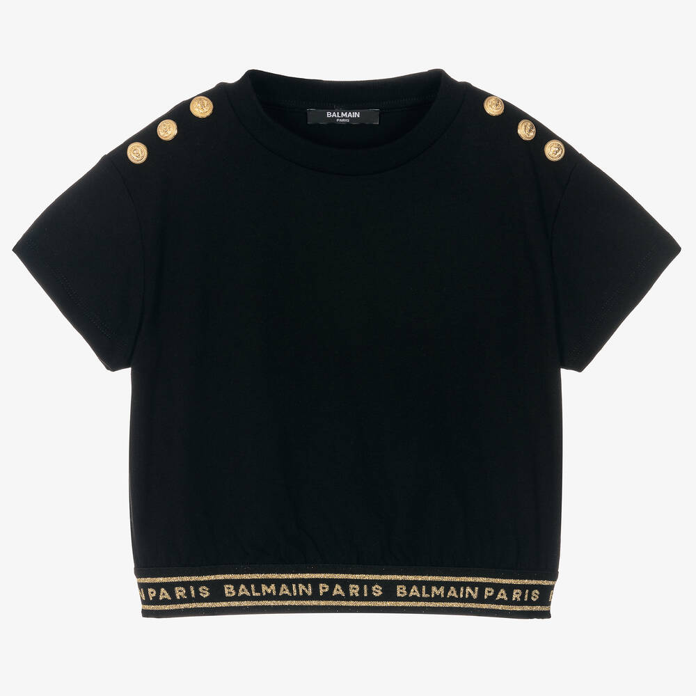 Balmain - Girls Black Cropped Cotton T-Shirt | Childrensalon