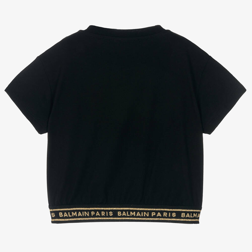 Balmain-Girls Black Cropped Cotton T-Shirt | Childrensalon Outlet