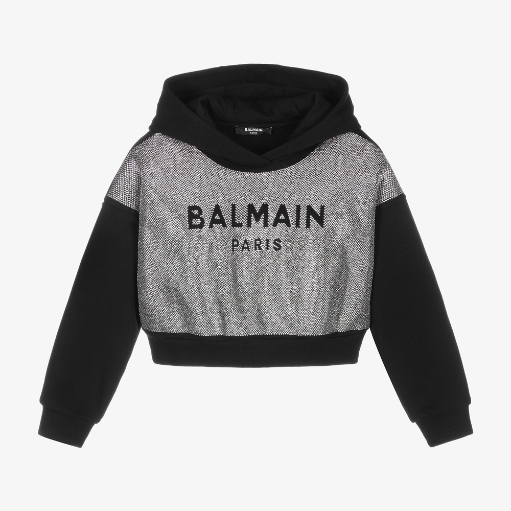 Balmain - توب هودي قصير لون أسود للبنات | Childrensalon