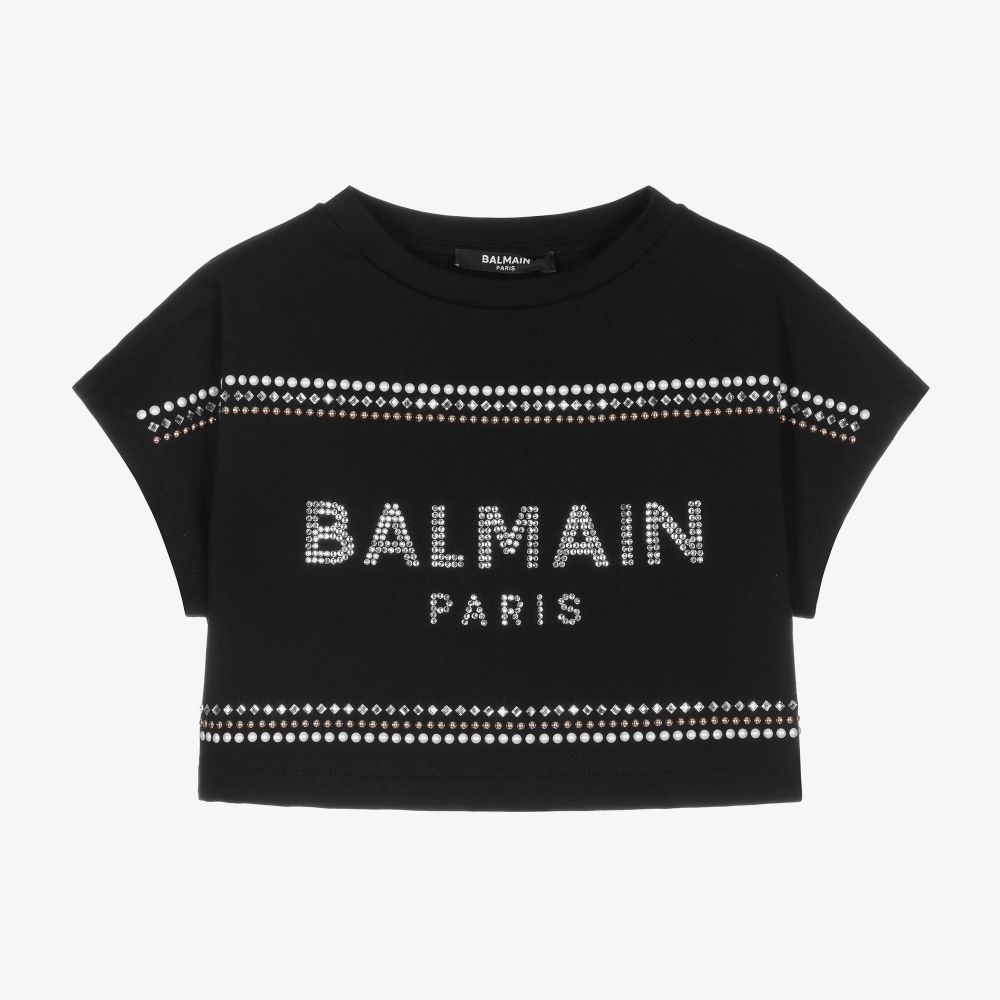 Balmain - Girls Black Cropped T-Shirt | Childrensalon