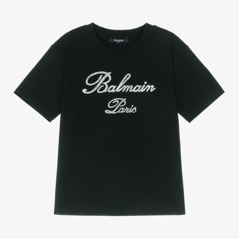 Balmain-تيشيرت بشعار ديامونتي قطن لون أسود للبنات | Childrensalon Outlet