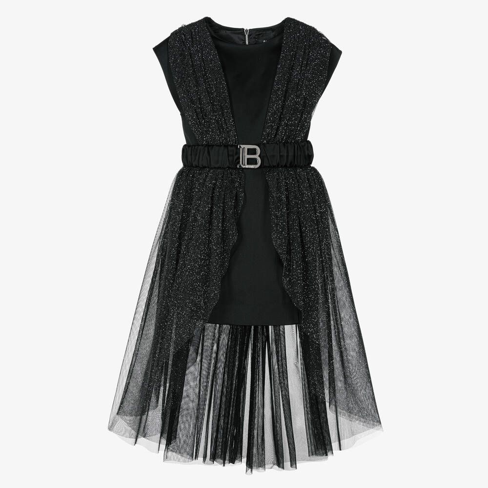 Balmain - فستان ساتان وتول غليتر لون أسود | Childrensalon