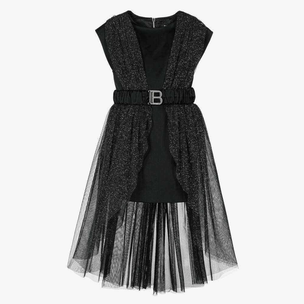 Balmain - Robe noire pailletée en tulle fille | Childrensalon