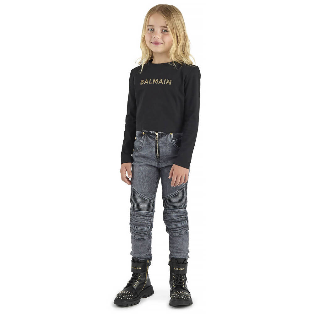 Balmain Girls Black Gold Cotton Crop Top Childrensalon Outlet