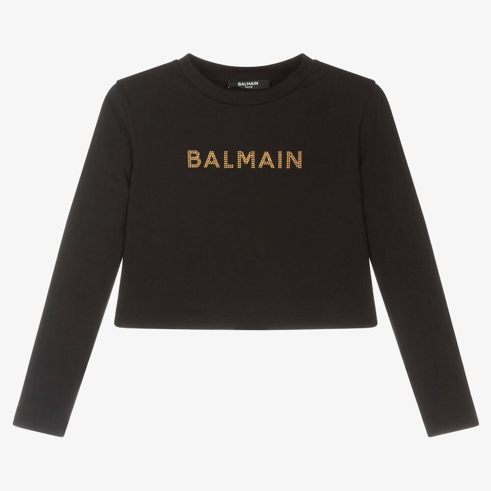 Balmain - Girls Black & Gold Cotton Crop Top | Childrensalon