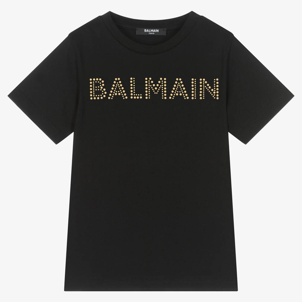 Balmain - Girls Black Gold Studded Cotton T-Shirt | Childrensalon