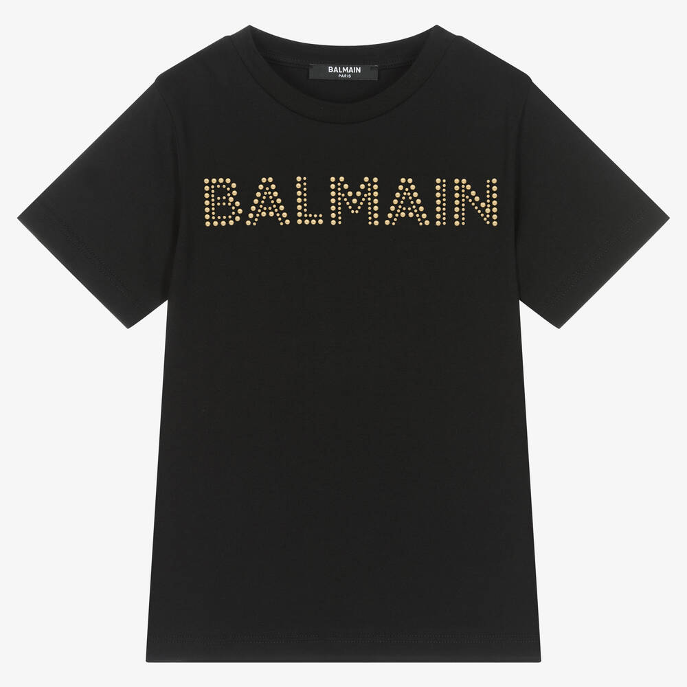 Balmain - تيشيرت قطن جيرسي لون أسود وذهبي للبنات | Childrensalon