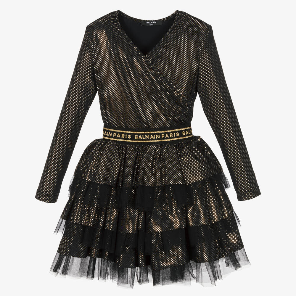 Balmain - Girls Black & Gold Tulle Dress | Childrensalon