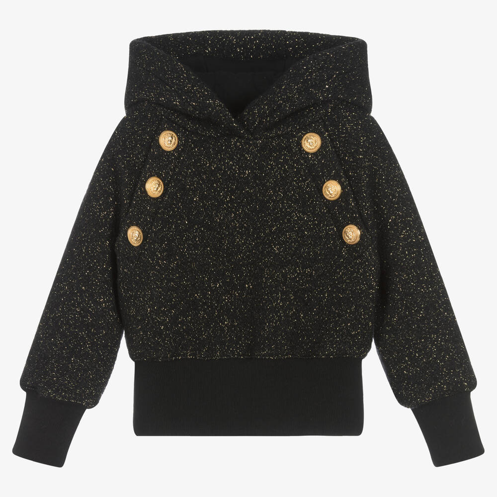 Balmain - Girls Black & Gold Wool Hoodie | Childrensalon