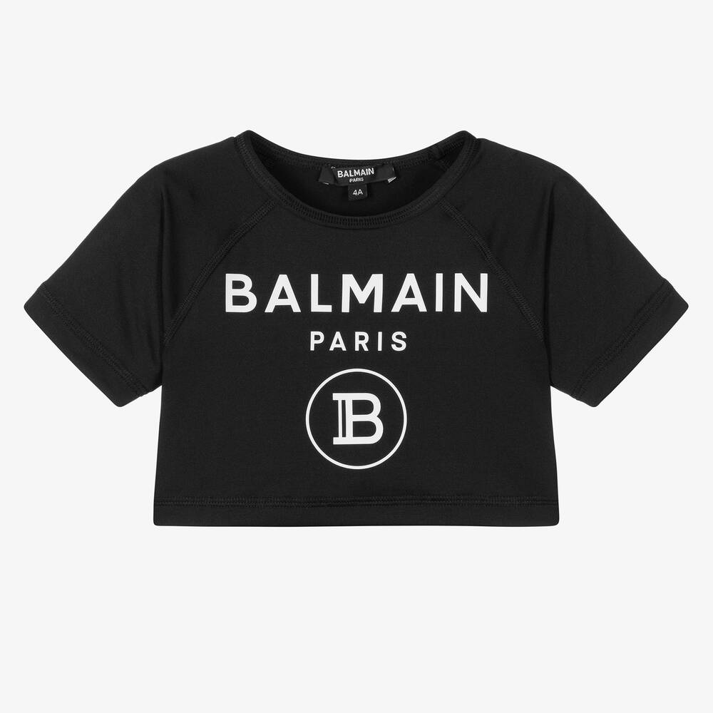 Balmain - Girls Black Logo Crop Top | Childrensalon
