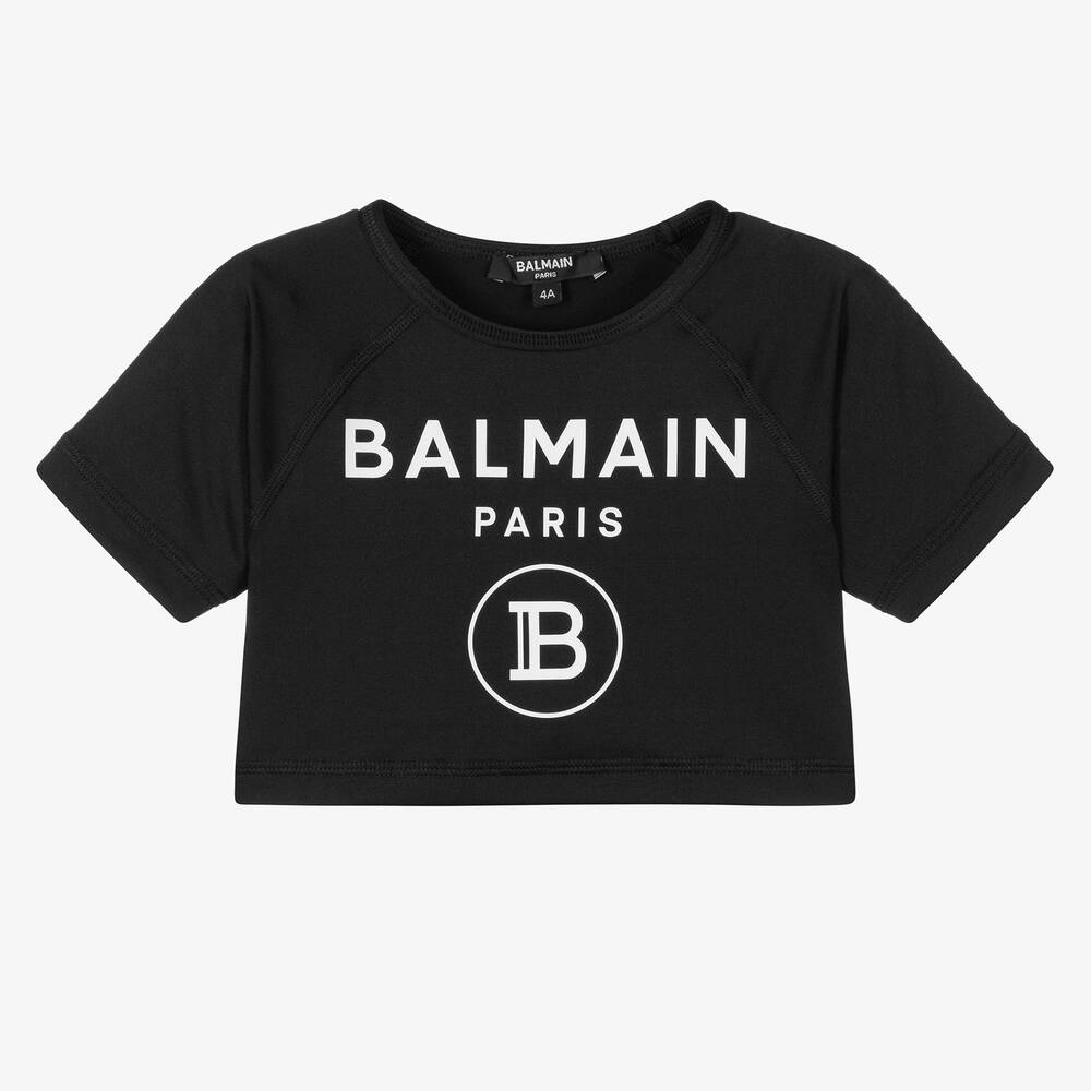 Balmain - توب قصير جيرسي لون أسود للبنات | Childrensalon