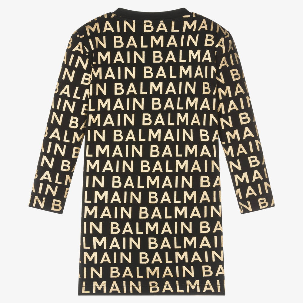 Balmain Girls Black Metallic Gold Padded Dress
