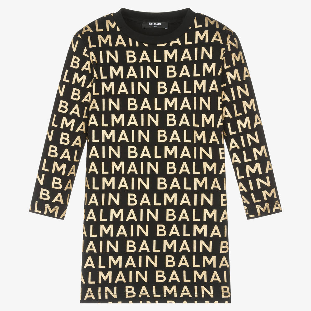 Balmain - Girls Black & Metallic Gold Padded Dress | Childrensalon