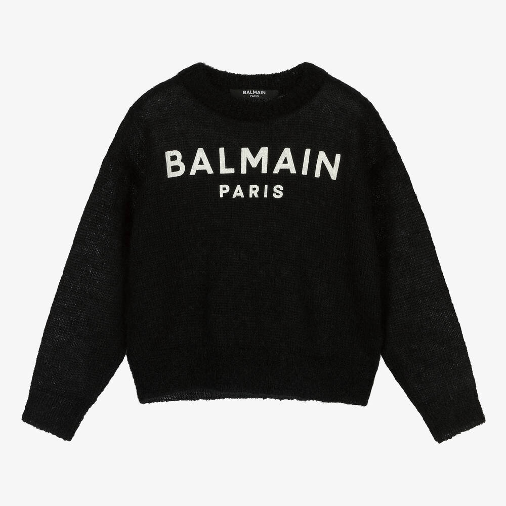 Balmain - بلوفر مزيج صوف وموهير لون أسود للبنات | Childrensalon