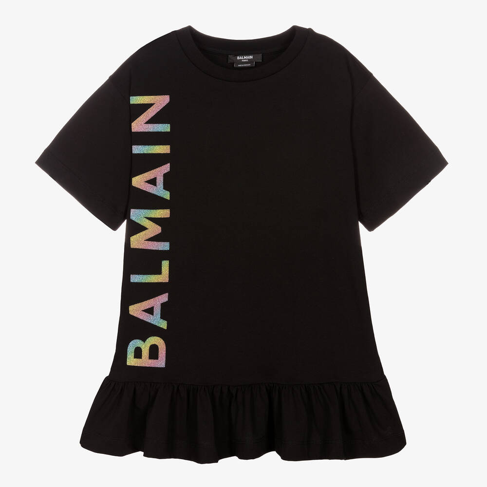 Balmain - Черное платье из джерси с разноцветным логотипом | Childrensalon
