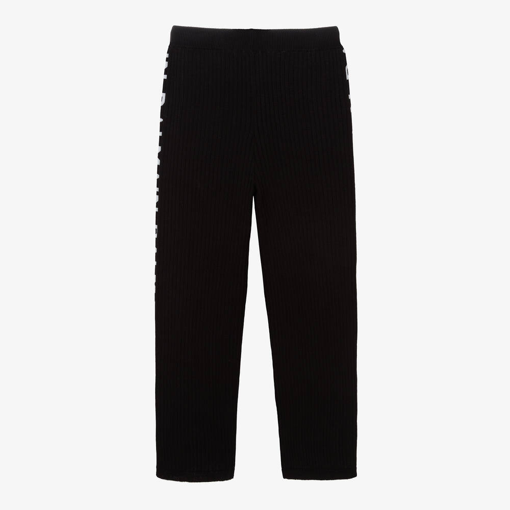 Balmain - Girls Black Ribbed Knit Logo Trousers | Childrensalon