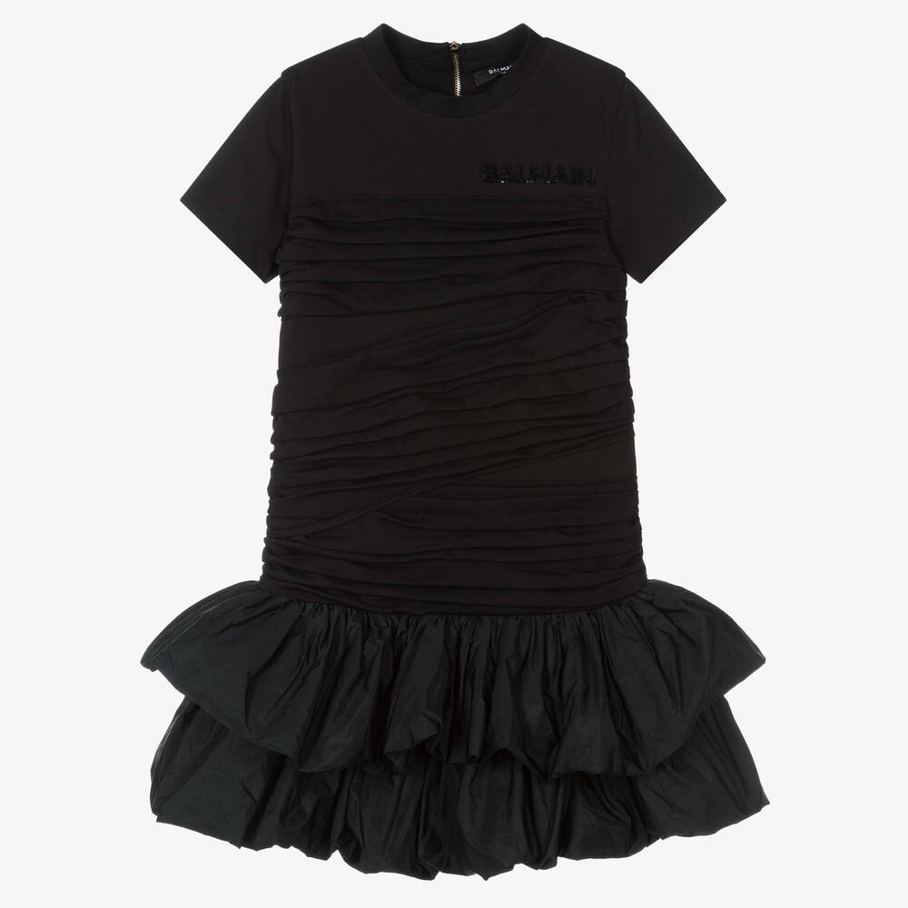 Balmain - Girls Black Ruched Logo Dress | Childrensalon