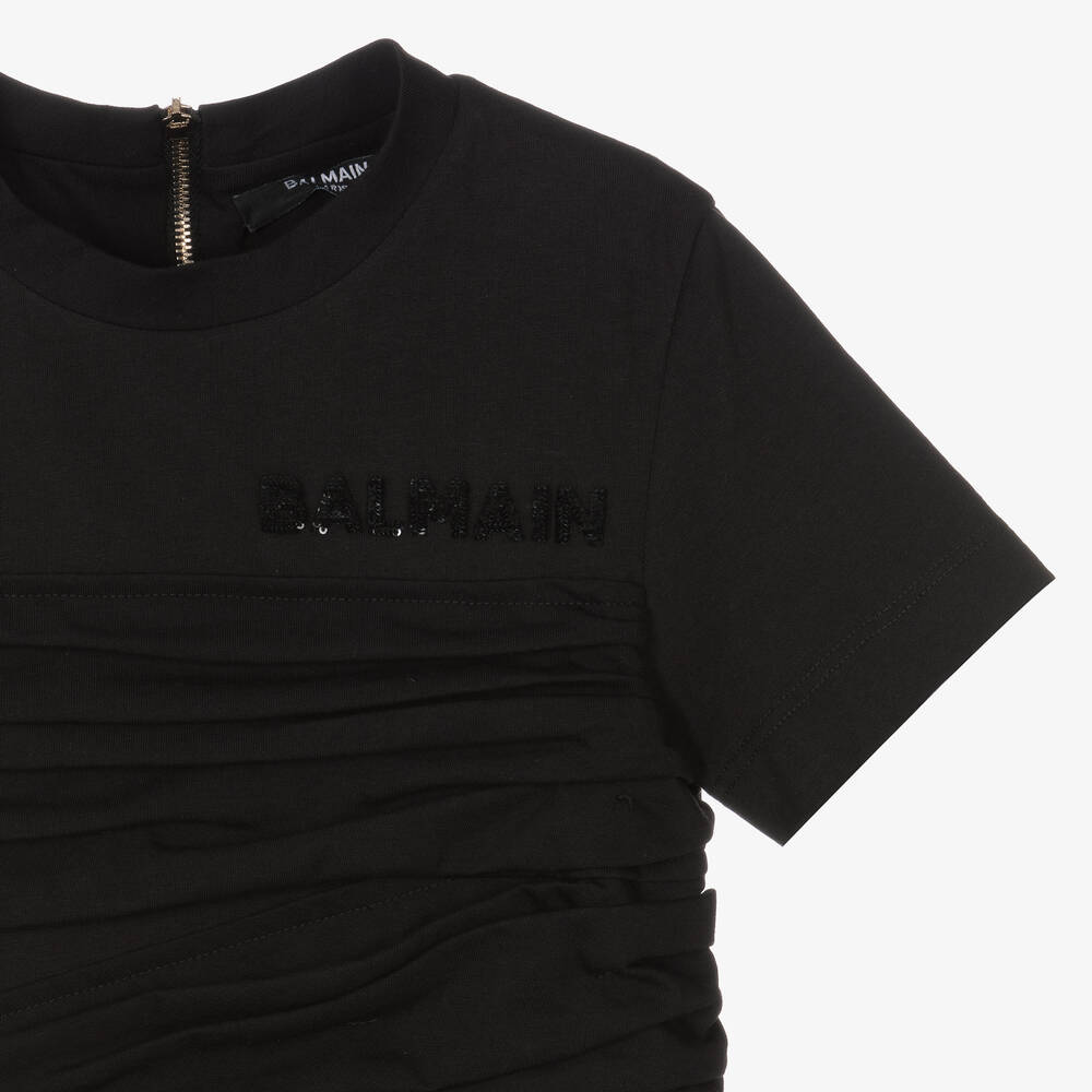 Balmain-Girls Black Ruched Logo Dress | Childrensalon Outlet