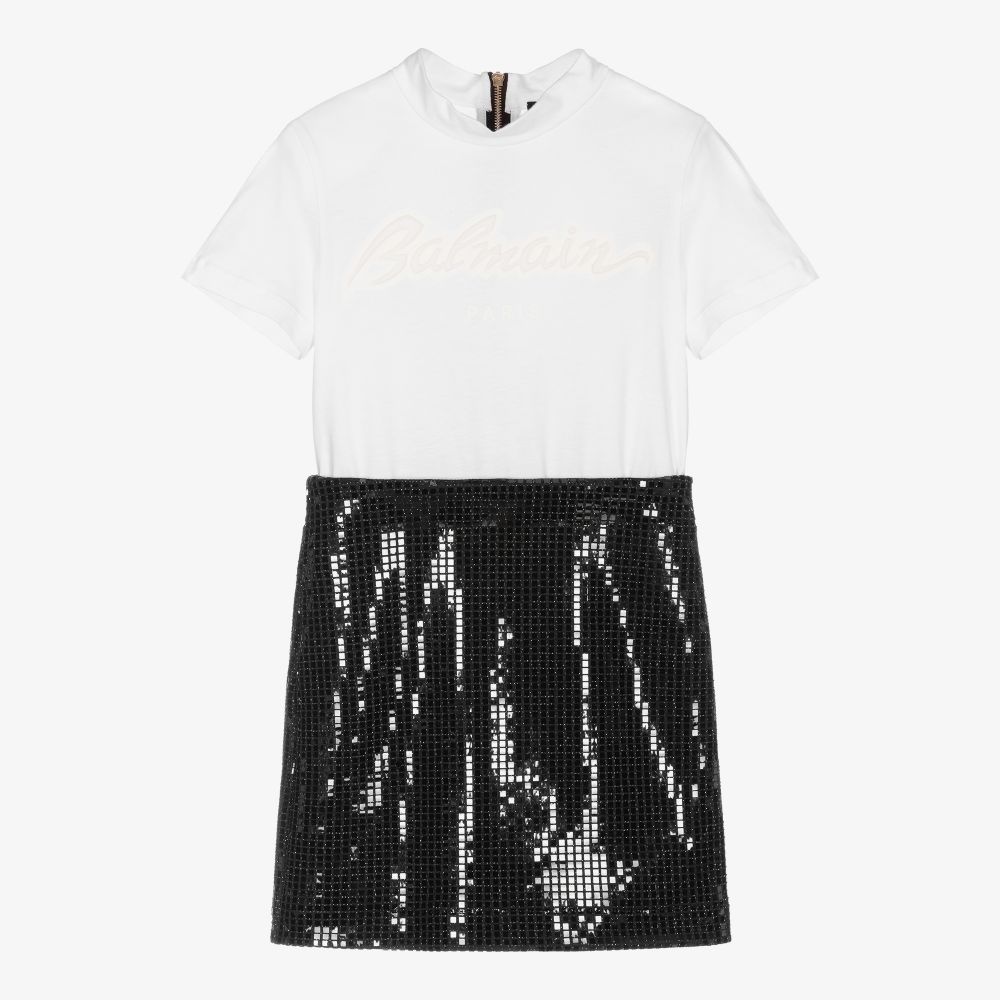 Balmain Girls Black White Logo Dress Childrensalon Outlet