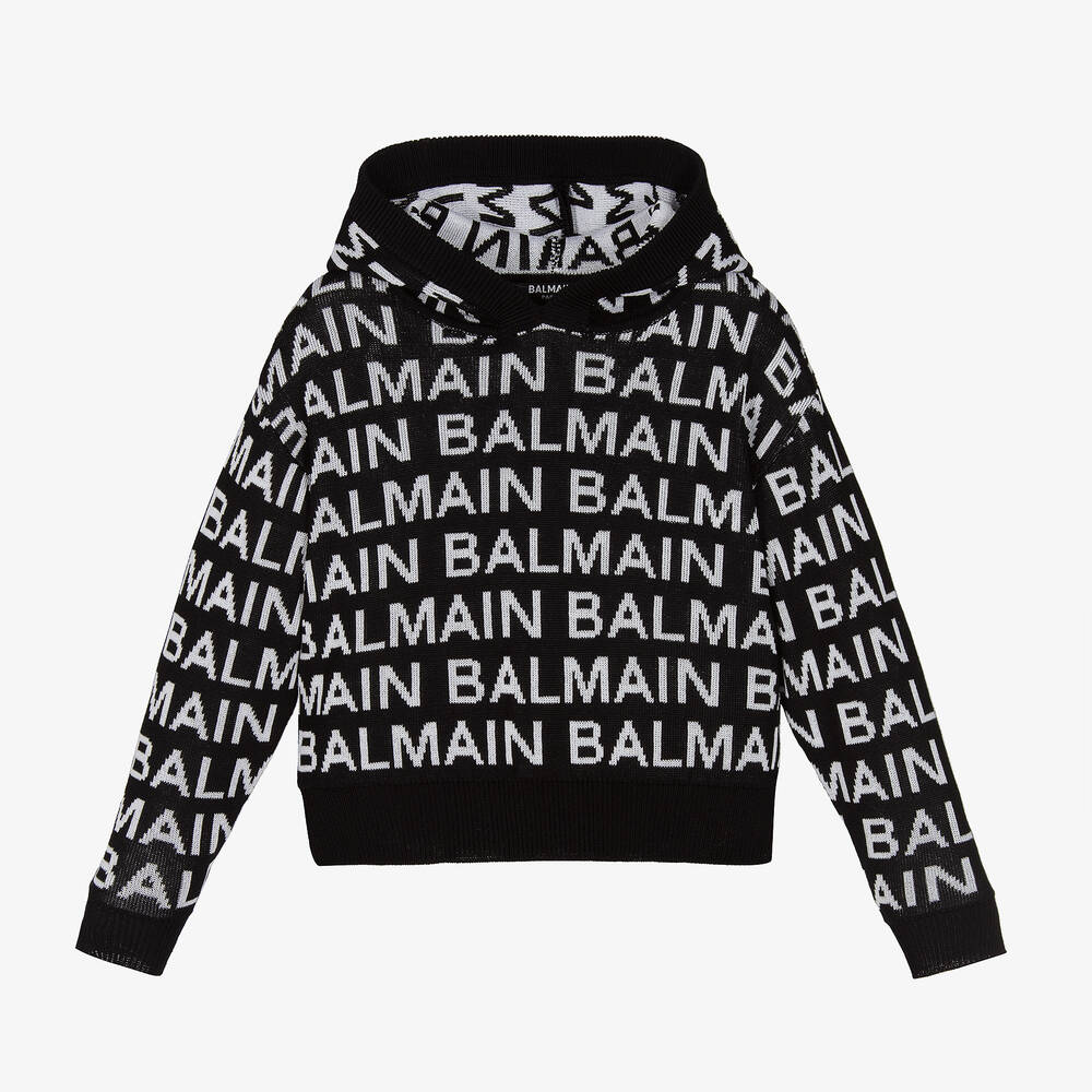 Balmain - Girls Black & White Monogram Knit Hoodie | Childrensalon