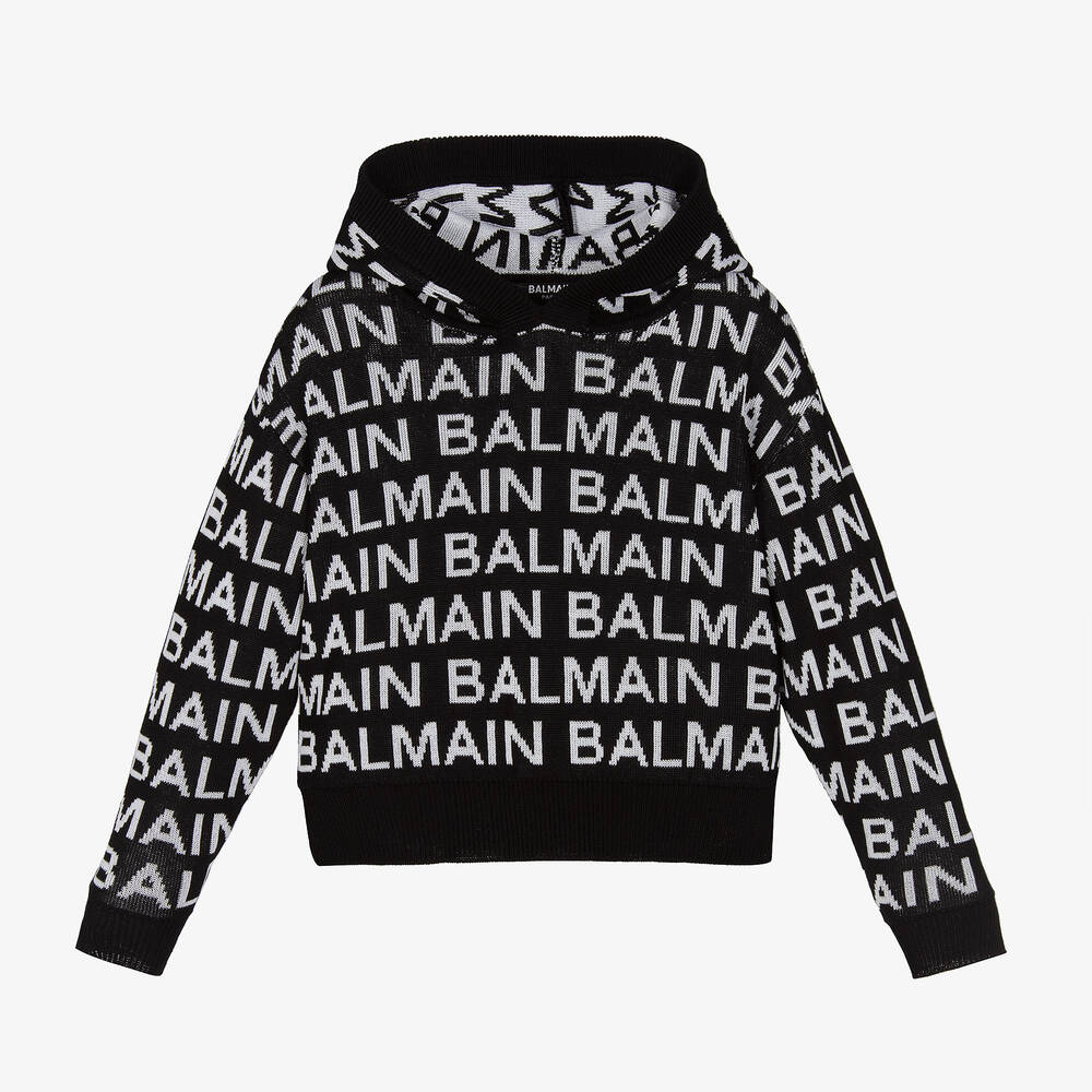 Balmain - Monogramm-Strickhoodie schwarz/weiß | Childrensalon